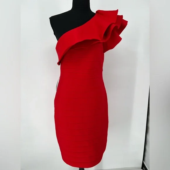 VENUS dramatic‎ Red Ruffle Bandage Bodycon Dress One Shoulder Sleeveless - Picture 4 of 13